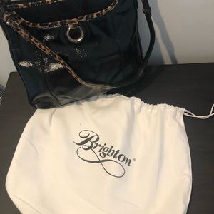 BRIGHTON hobo black patent leather purse with leopard print shoulder strap.